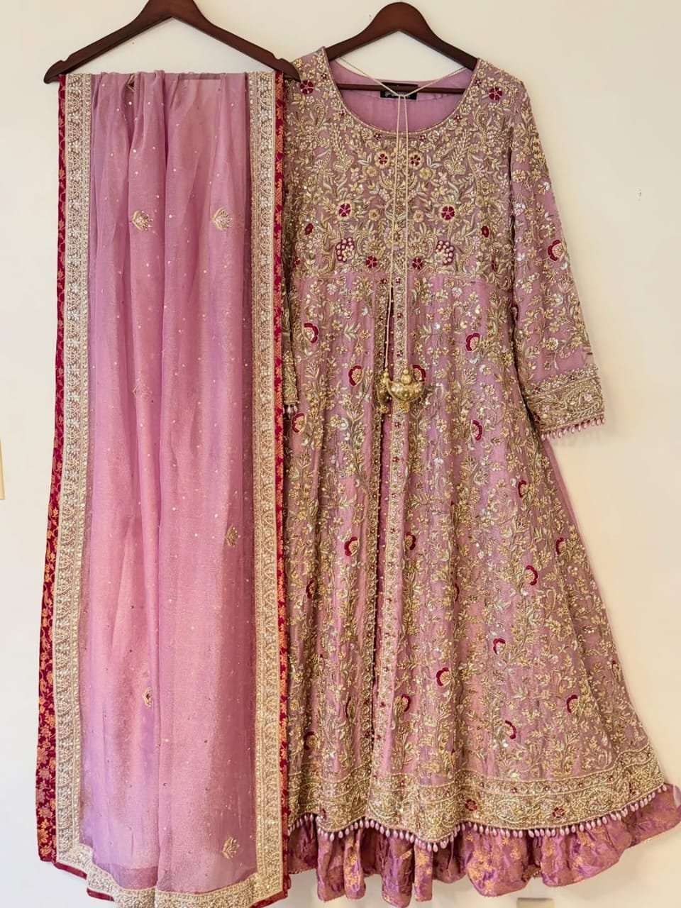 Baby Pink Hand-Embellished Sheesha Silk Open Frock with Jamawar Lehenga