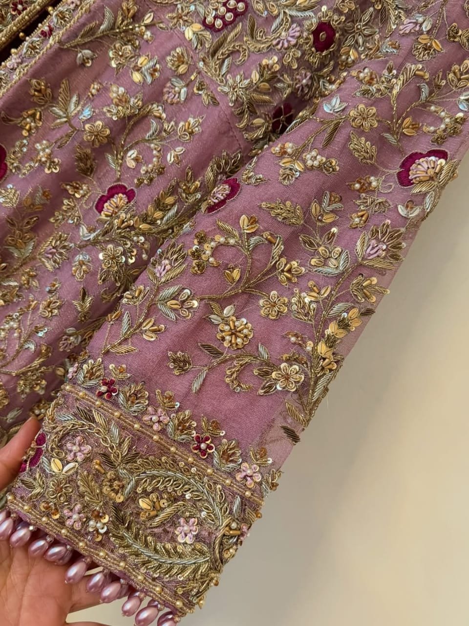 Baby Pink Hand-Embellished Sheesha Silk Open Frock with Jamawar Lehenga - Image 2