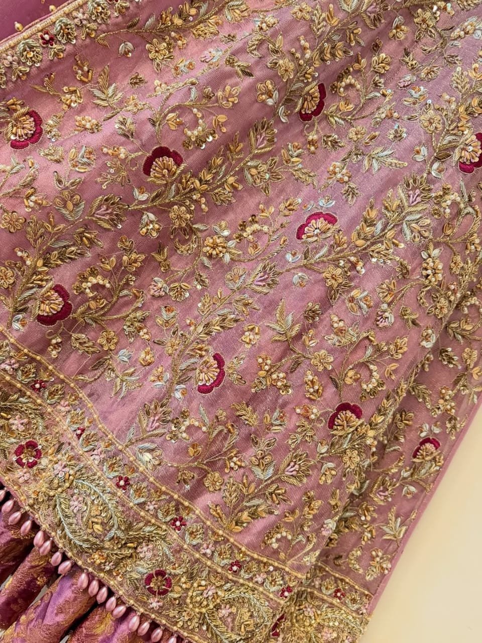 Baby Pink Hand-Embellished Sheesha Silk Open Frock with Jamawar Lehenga - Image 4