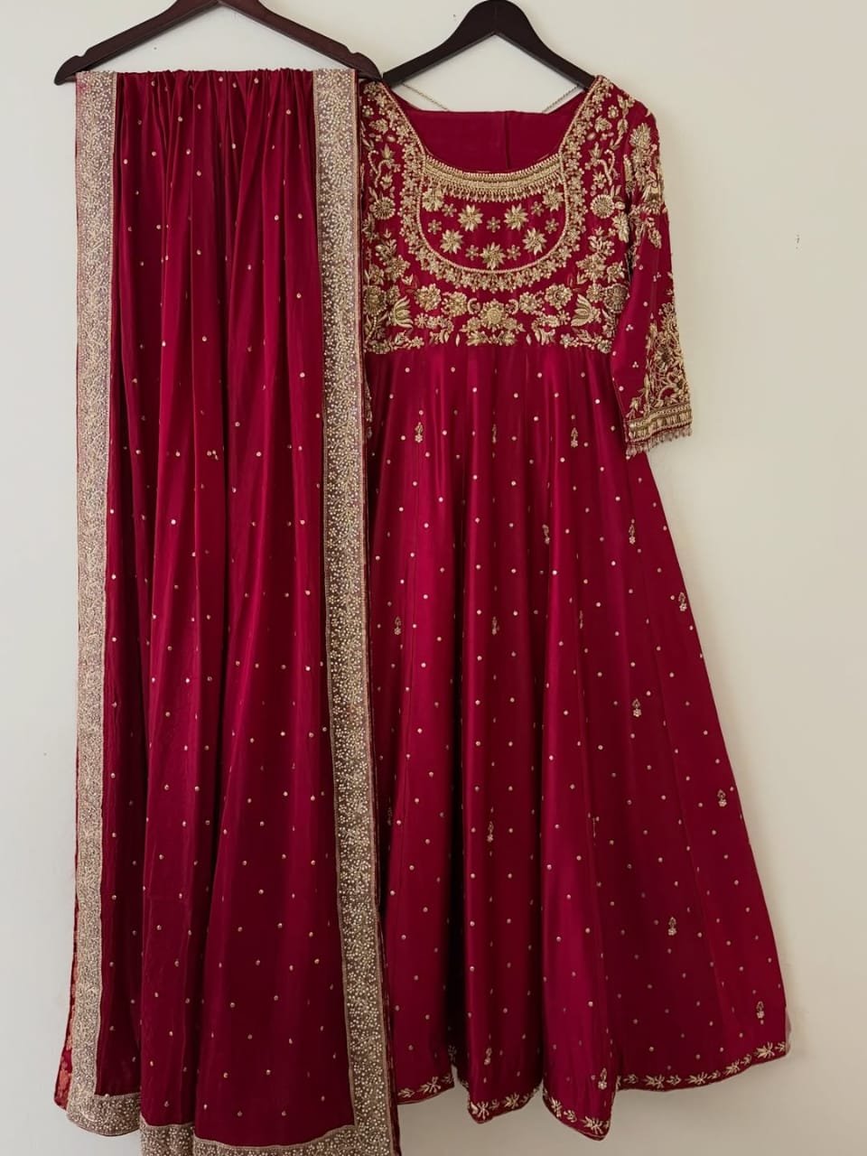 Regal Red Handcrafted Sheesha Silk Frock & Dupatta Set