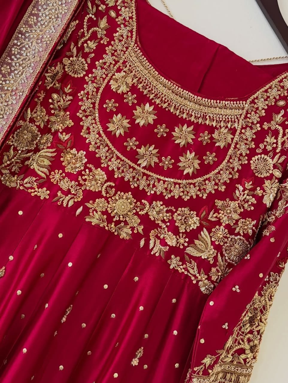 Regal Red Handcrafted Sheesha Silk Frock & Dupatta Set - Image 2