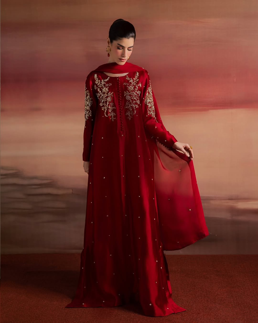 Red Hand-Embellished Sheesha Silk Frock Set with Diamond Crystal Work - Image 2