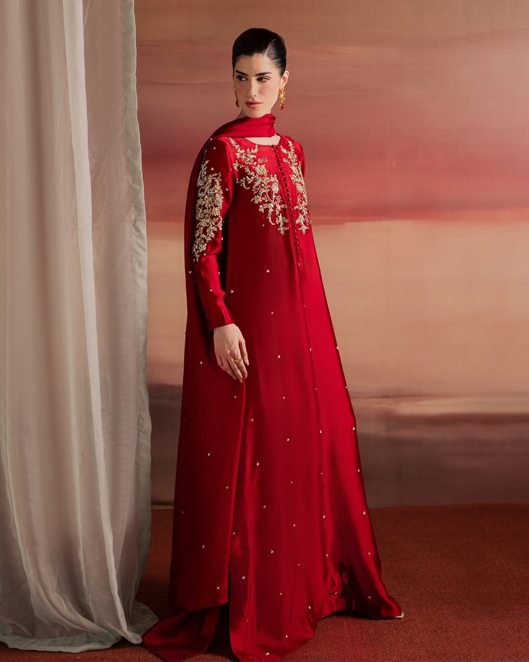 Red Hand-Embellished Sheesha Silk Frock Set with Diamond Crystal Work - Image 3