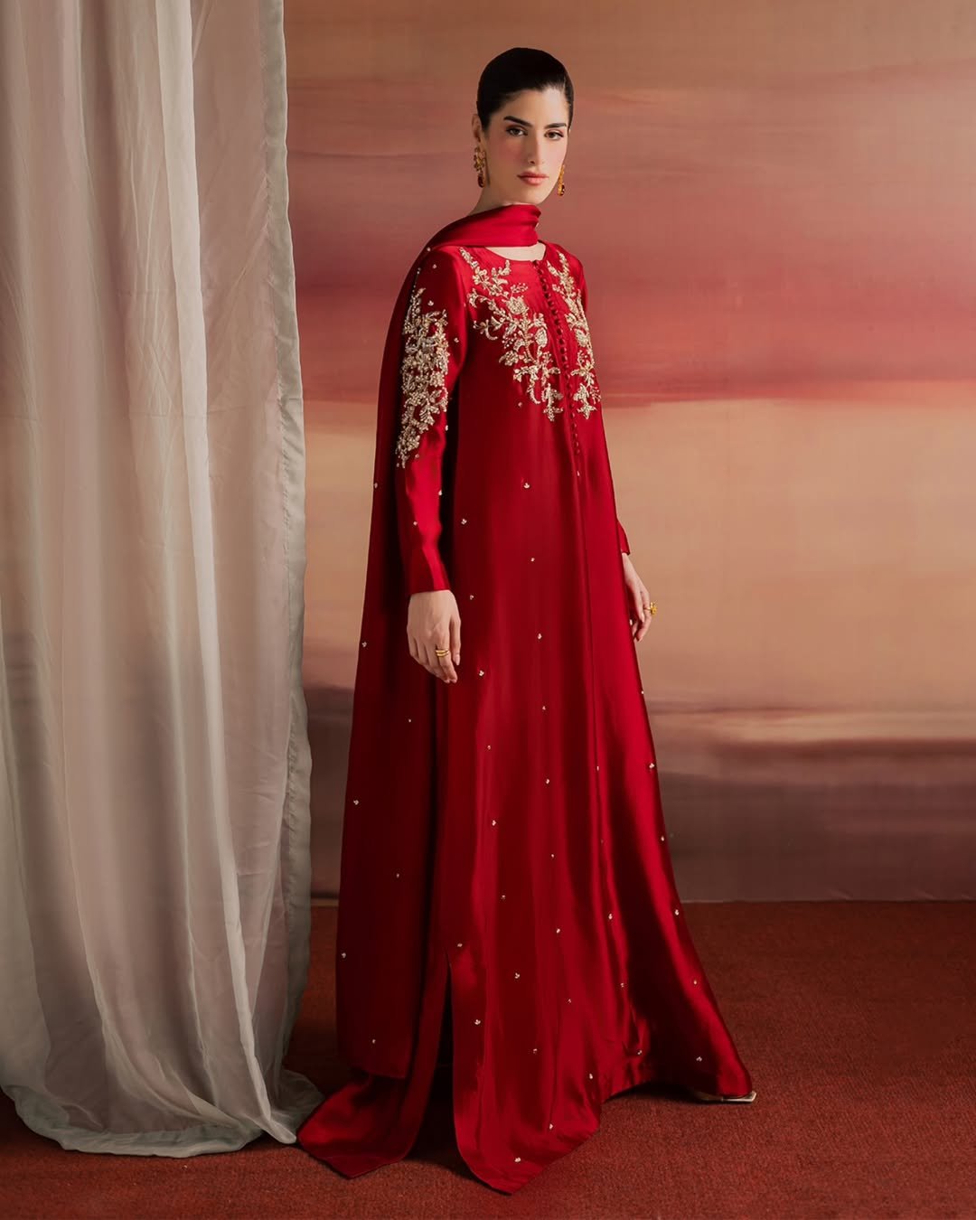 Red Hand-Embellished Sheesha Silk Frock Set with Diamond Crystal Work - Image 4
