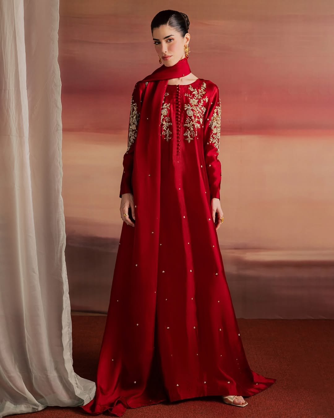 Red Hand-Embellished Sheesha Silk Frock Set with Diamond Crystal Work - Image 5