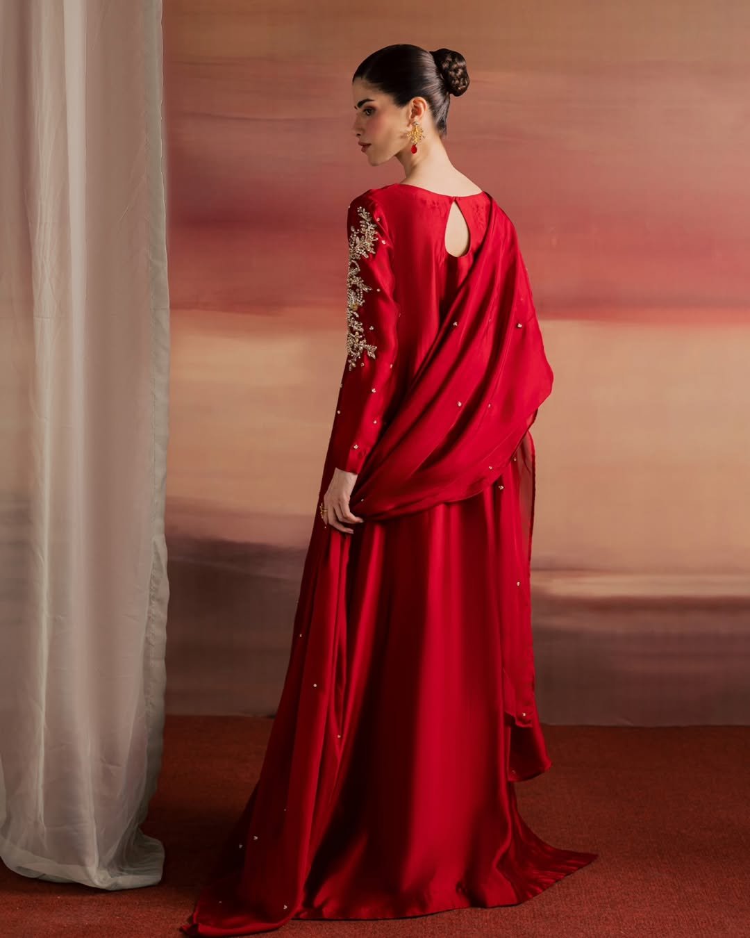 Red Hand-Embellished Sheesha Silk Frock Set with Diamond Crystal Work - Image 6
