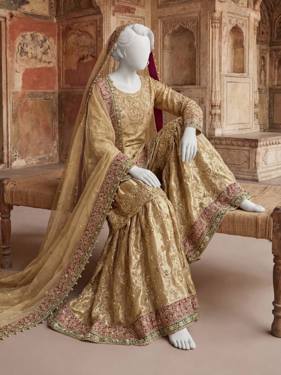 Regal Red Handcrafted Sheesha Silk A-Line Shirt & Dupatta Set