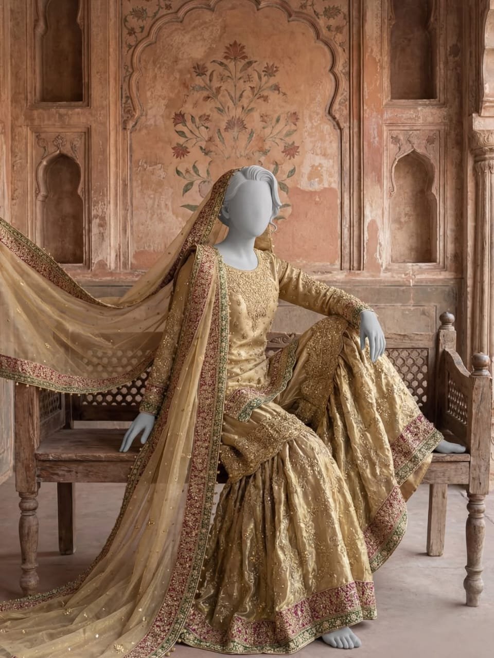 Regal Red Handcrafted Sheesha Silk A-Line Shirt & Dupatta Set - Image 3