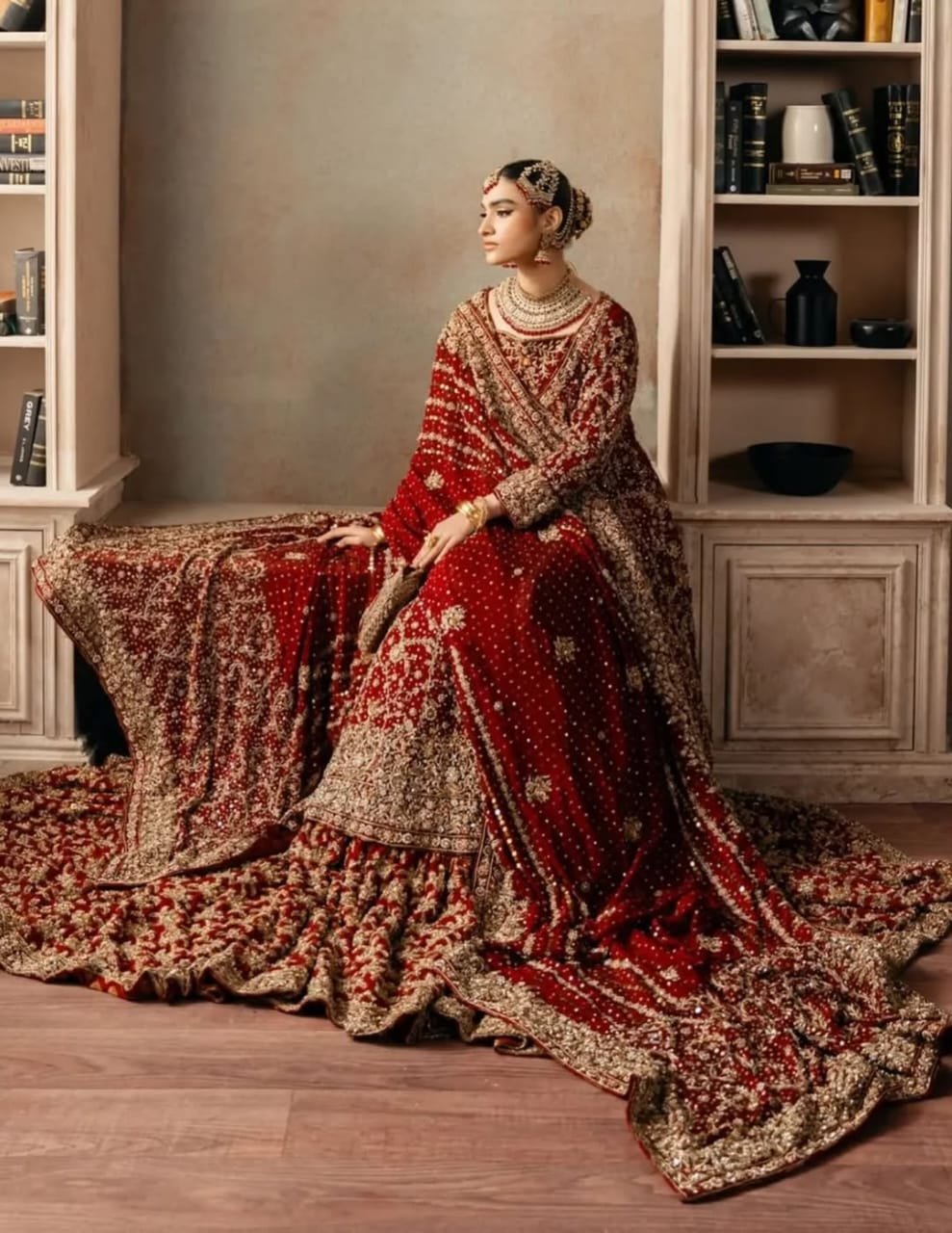 Regal Reddish Maroon Handcrafted Sheesha Silk Long Shirt & Farshi Lehenga Set
