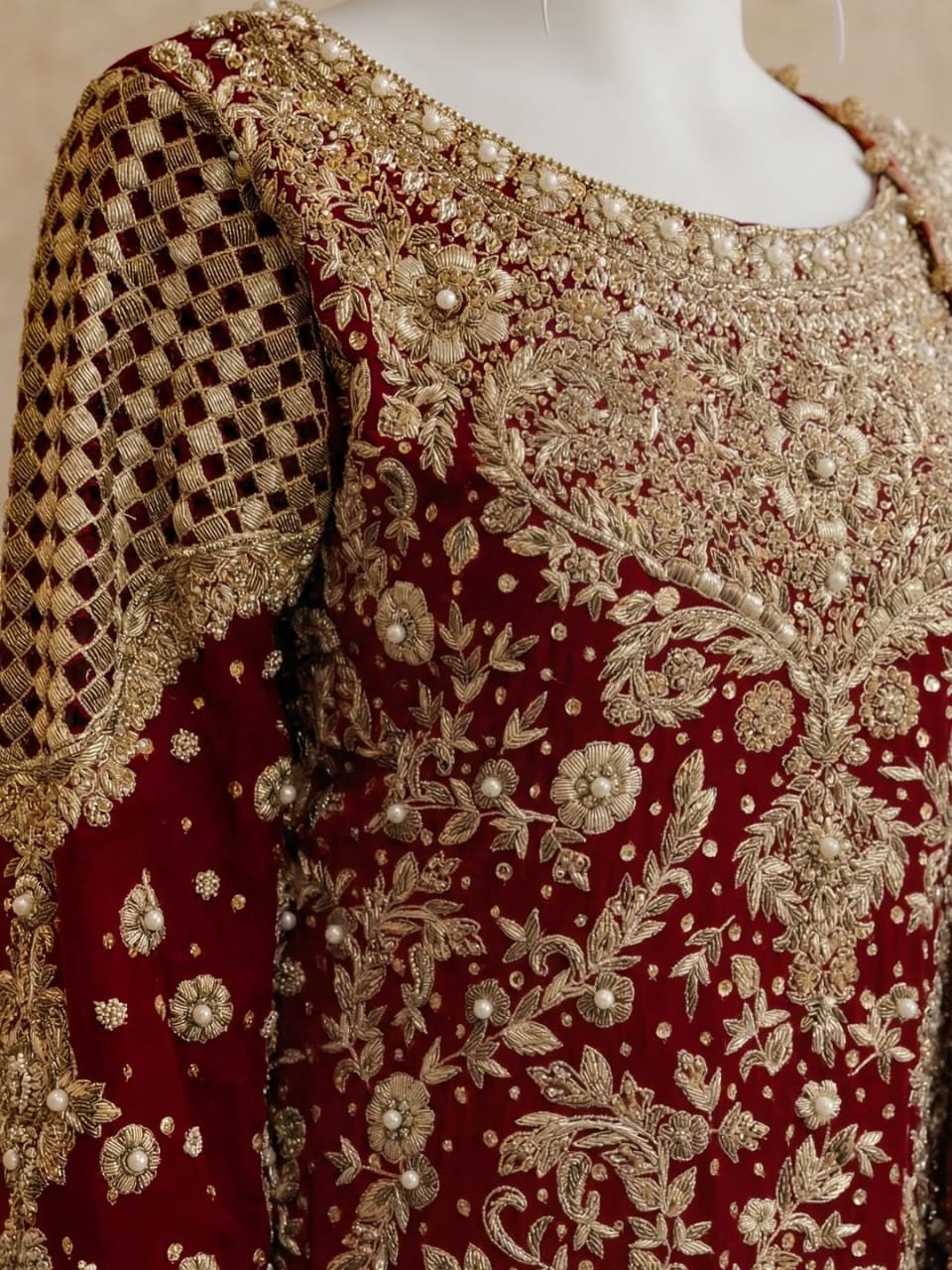 Regal Reddish Maroon Handcrafted Sheesha Silk Long Shirt & Farshi Lehenga Set - Image 2