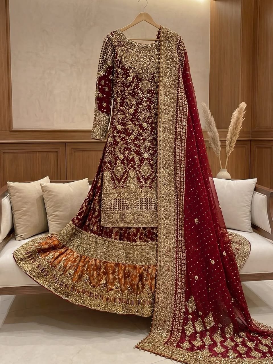 Regal Reddish Maroon Handcrafted Sheesha Silk Long Shirt & Farshi Lehenga Set - Image 3
