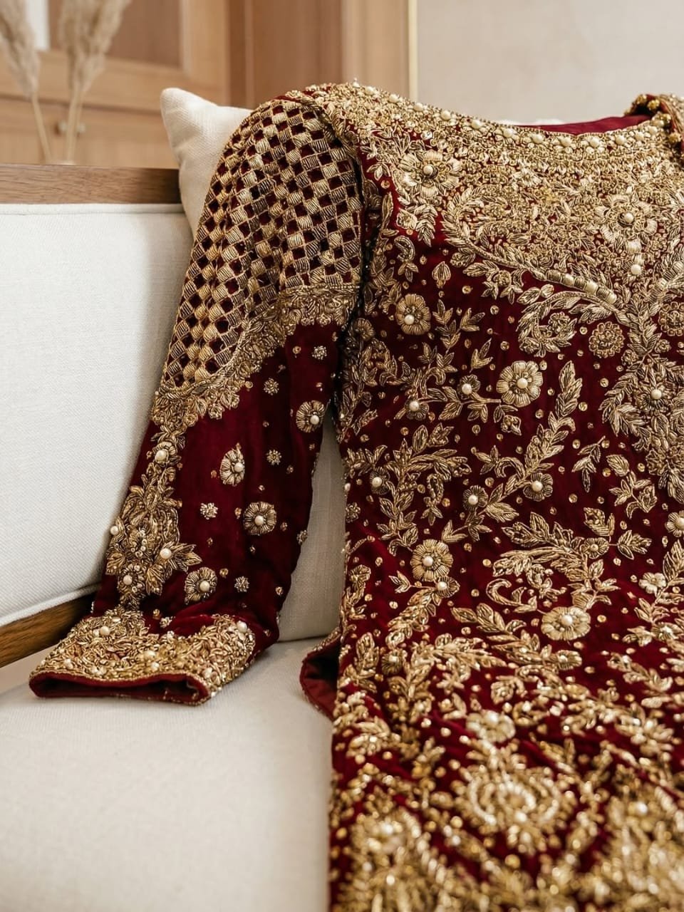 Regal Reddish Maroon Handcrafted Sheesha Silk Long Shirt & Farshi Lehenga Set - Image 4