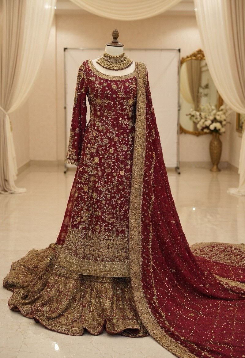 Red Hand-Embellished Sheesha Silk Long Shirt with Jamawar Farshi Lehenga