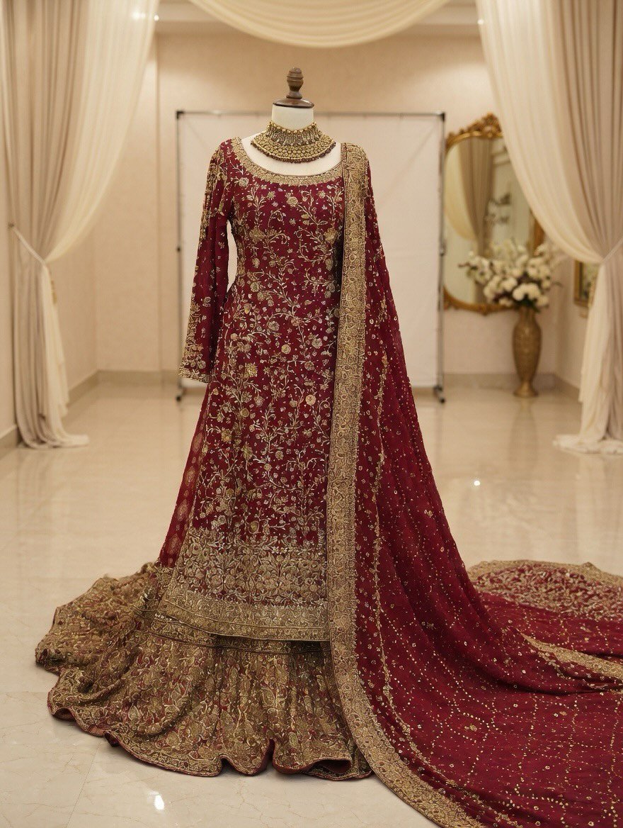 Red Hand-Embellished Sheesha Silk Long Shirt with Jamawar Farshi Lehenga