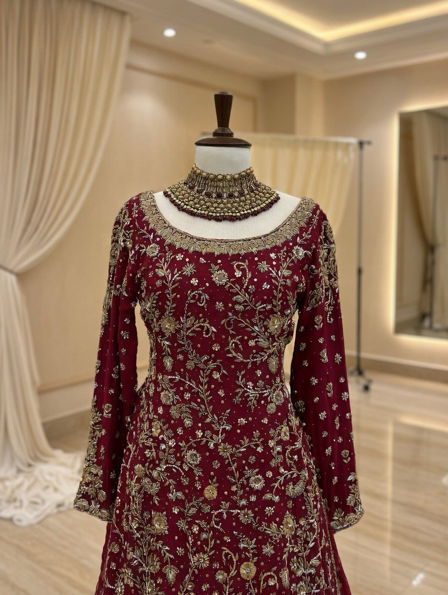 Red Hand-Embellished Sheesha Silk Long Shirt with Jamawar Farshi Lehenga - Image 4