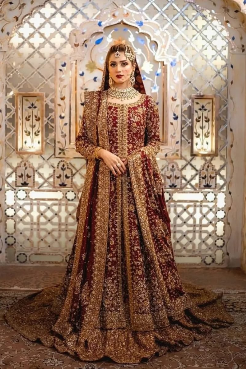 Regal Maroon Handcrafted Sheesha Silk Open Maxi & Farshi Lehenga Set