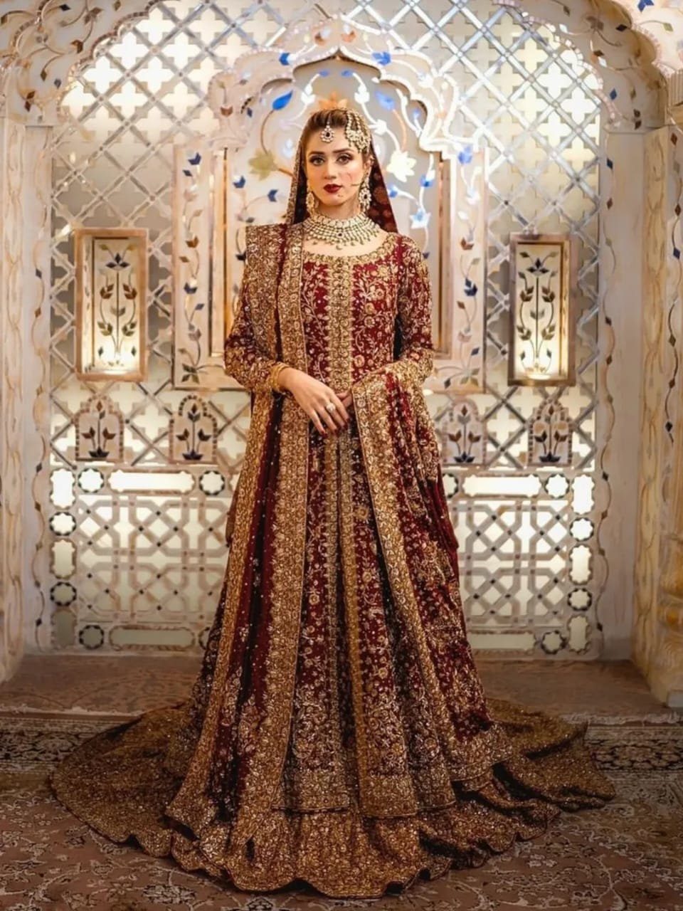 Regal Maroon Handcrafted Sheesha Silk Open Maxi & Farshi Lehenga Set
