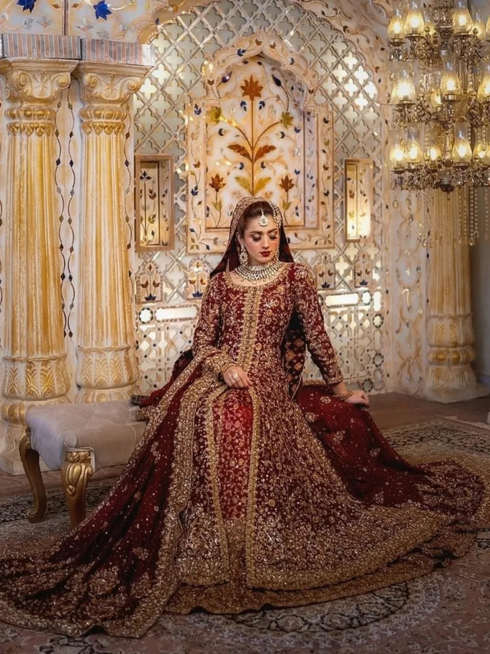 Regal Maroon Handcrafted Sheesha Silk Open Maxi & Farshi Lehenga Set - Image 2