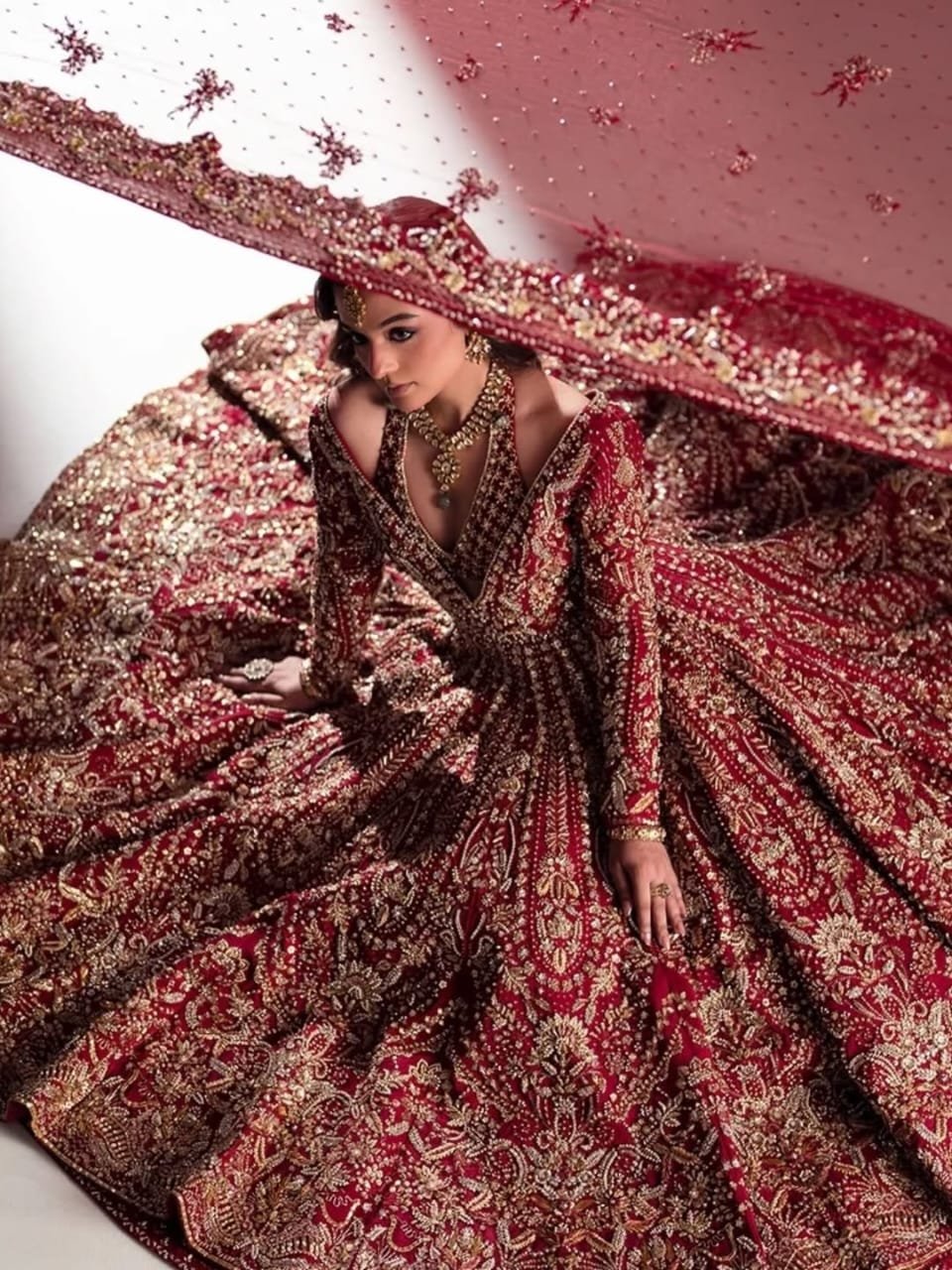 Red Hand-Embellished Raw Silk Maxi Set with Diamond Crystal Work - Image 2