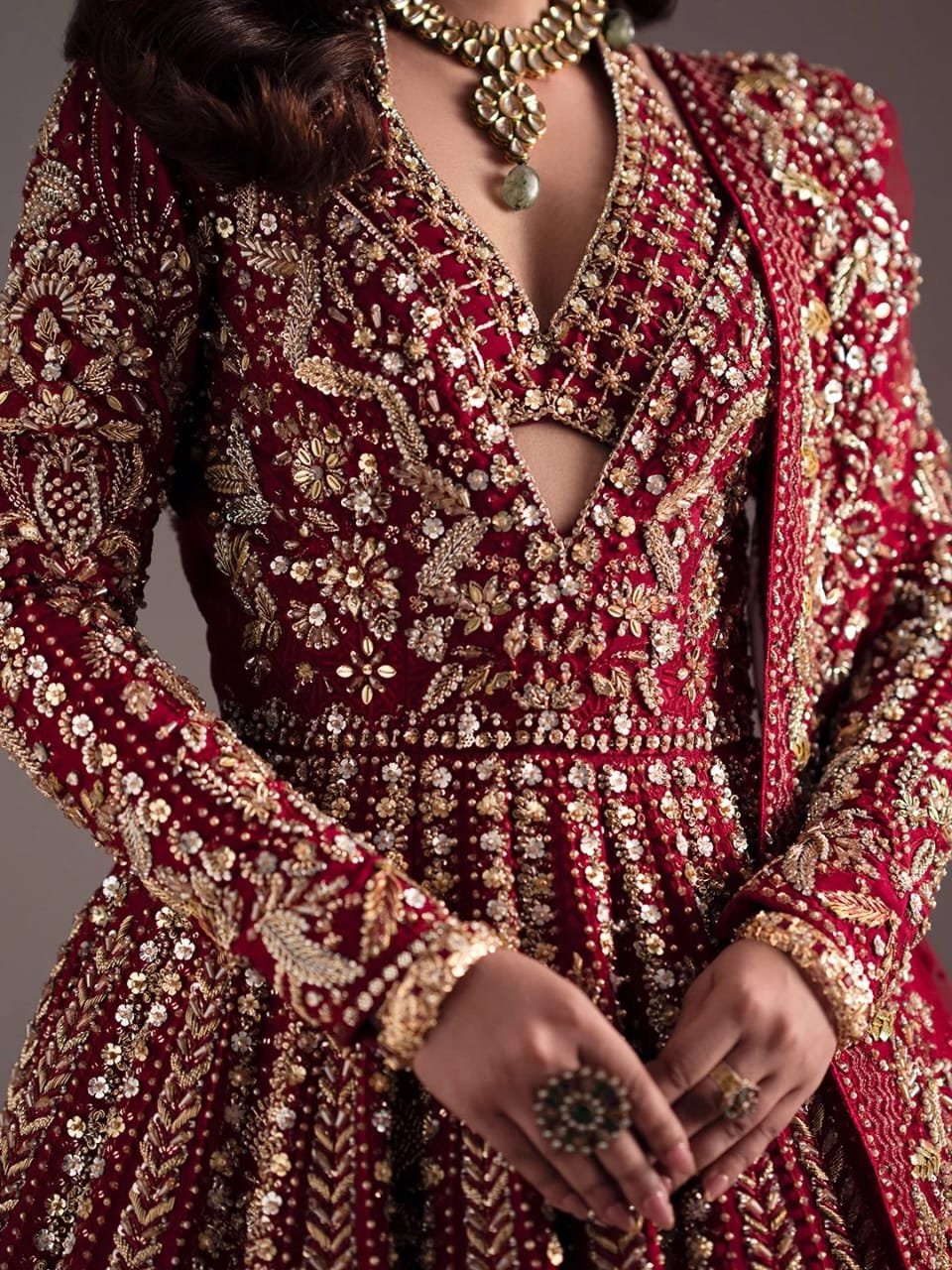 Red Hand-Embellished Raw Silk Maxi Set with Diamond Crystal Work - Image 6