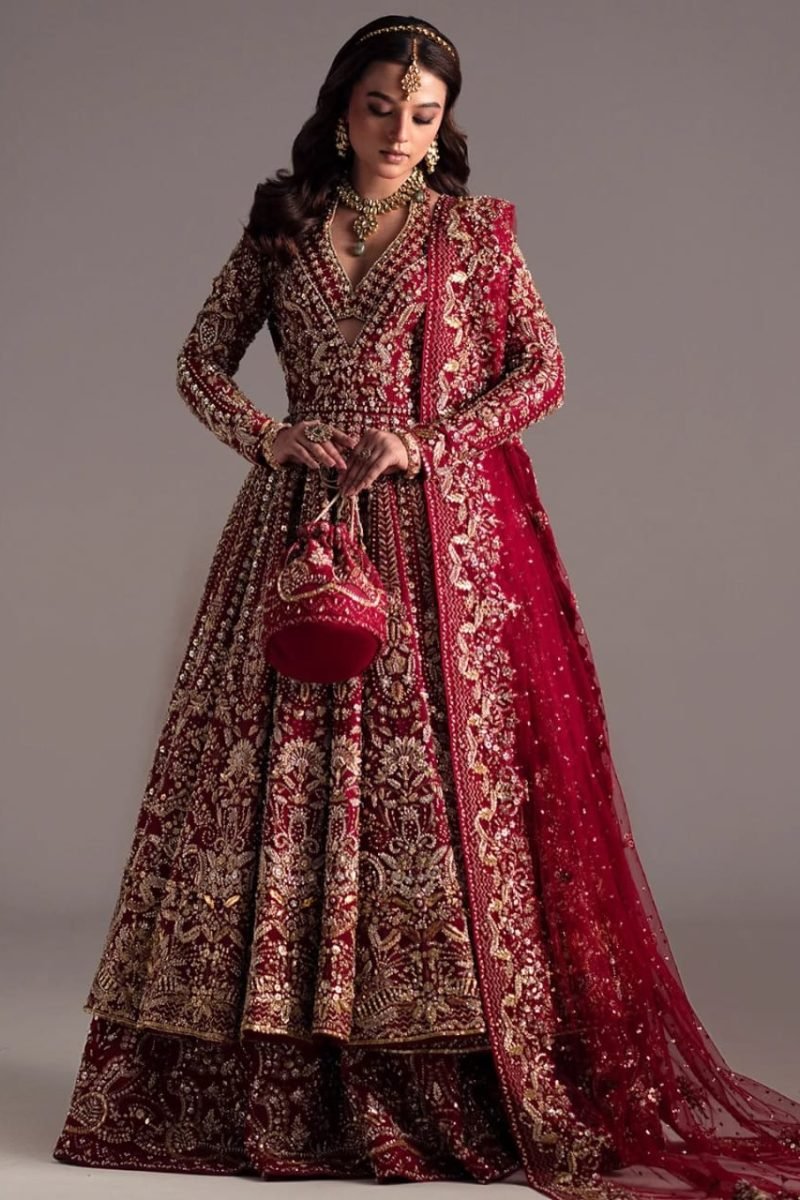Red Hand-Embellished Raw Silk Maxi Set with Diamond Crystal Work