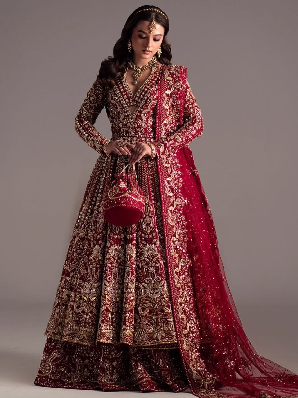 Red Hand-Embellished Raw Silk Maxi Set with Diamond Crystal Work