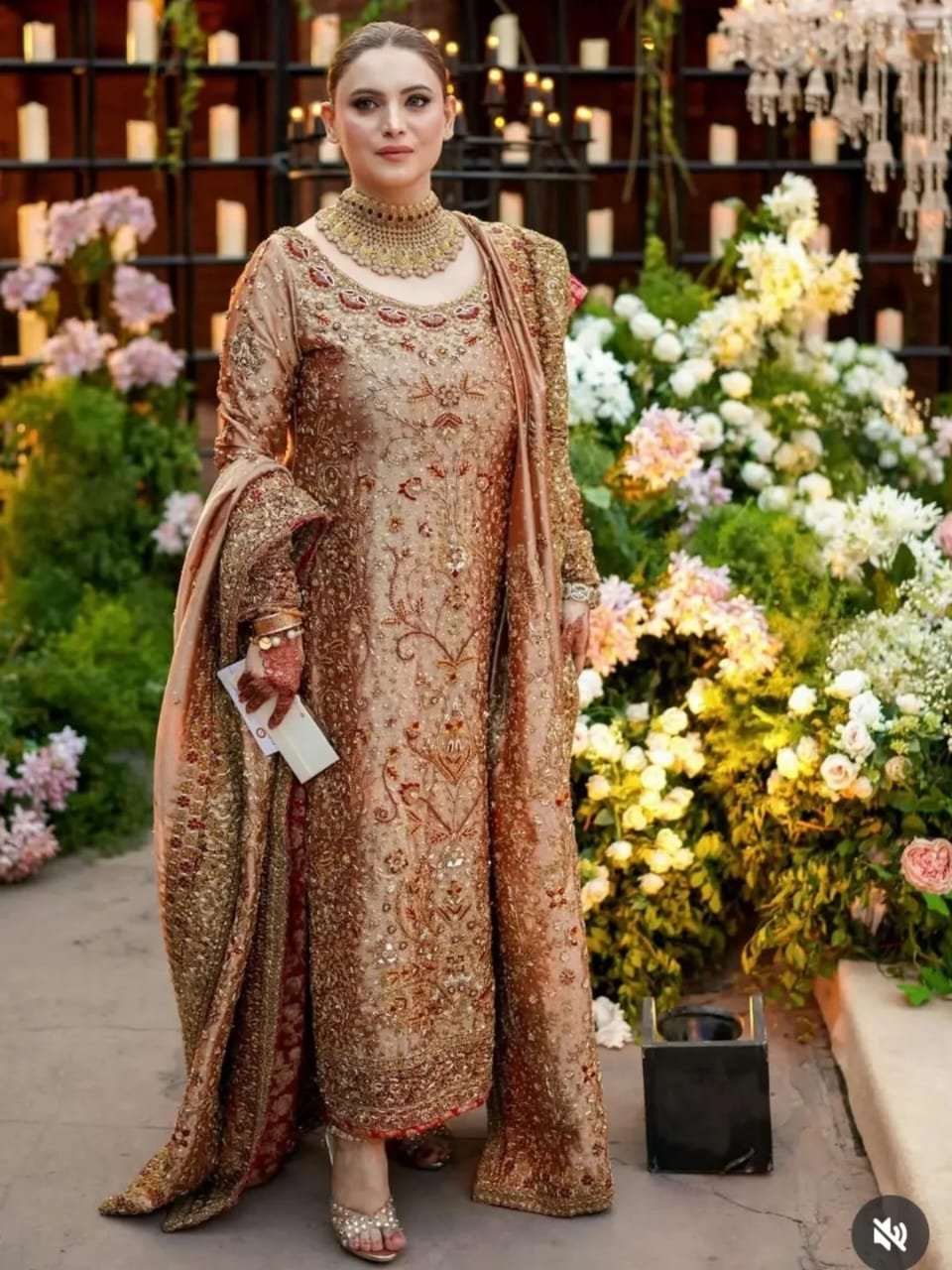 Royal Skin Gold Pure Lama Silk Long Shirt Set with Handcrafted Dabka Work