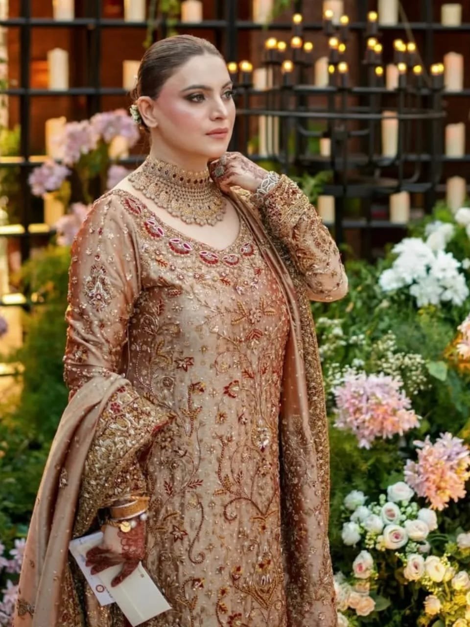 Royal Skin Gold Pure Lama Silk Long Shirt Set with Handcrafted Dabka Work - Image 2
