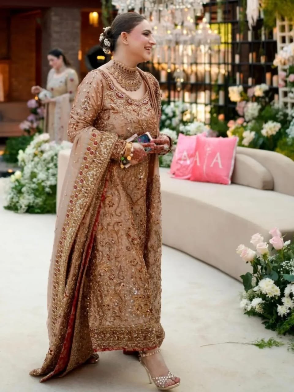 Royal Skin Gold Pure Lama Silk Long Shirt Set with Handcrafted Dabka Work - Image 4