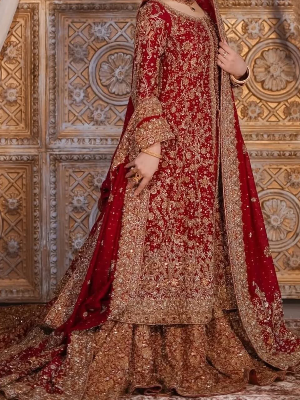 Red Center Open Maxi with Back-Tail Farshi Lehenga - Image 6