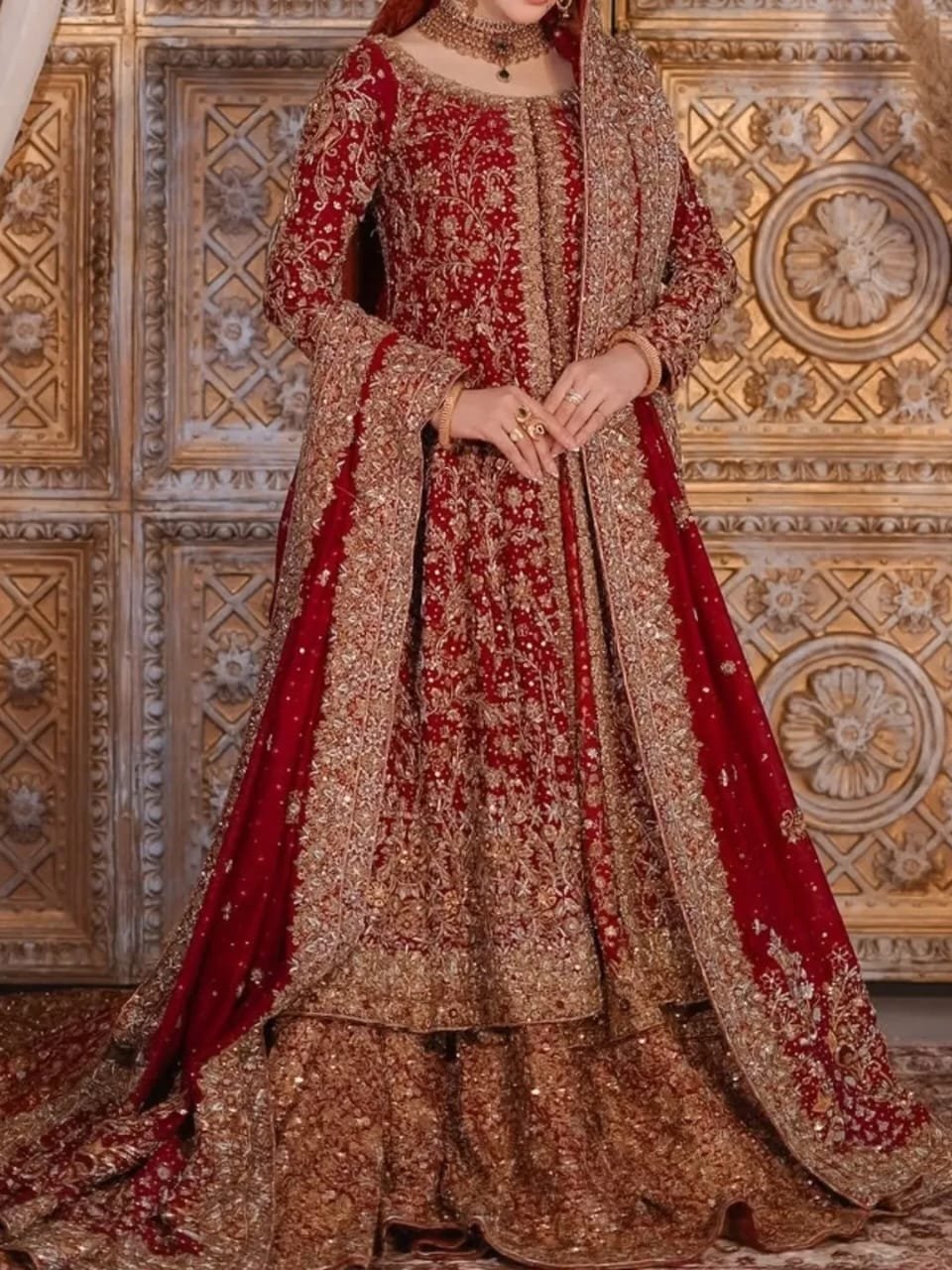 Red Center Open Maxi with Back-Tail Farshi Lehenga - Image 4