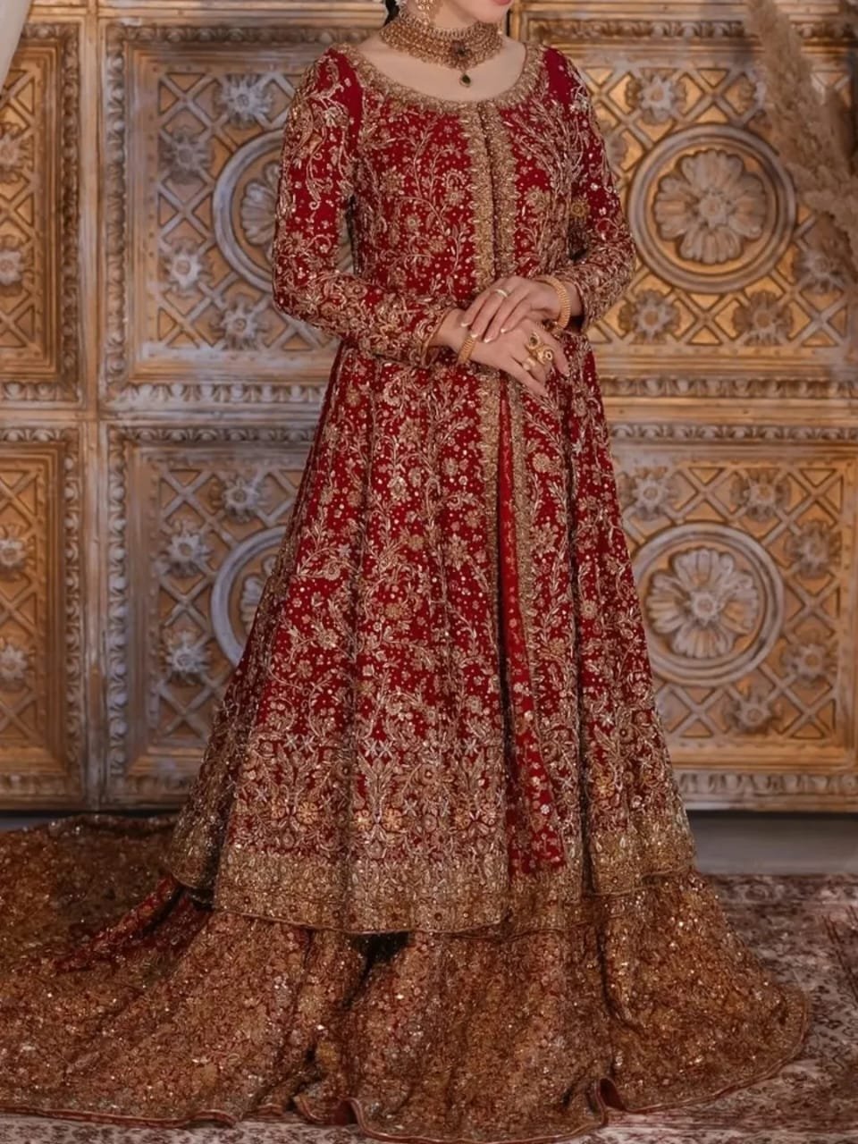 Red Center Open Maxi with Back-Tail Farshi Lehenga - Image 3