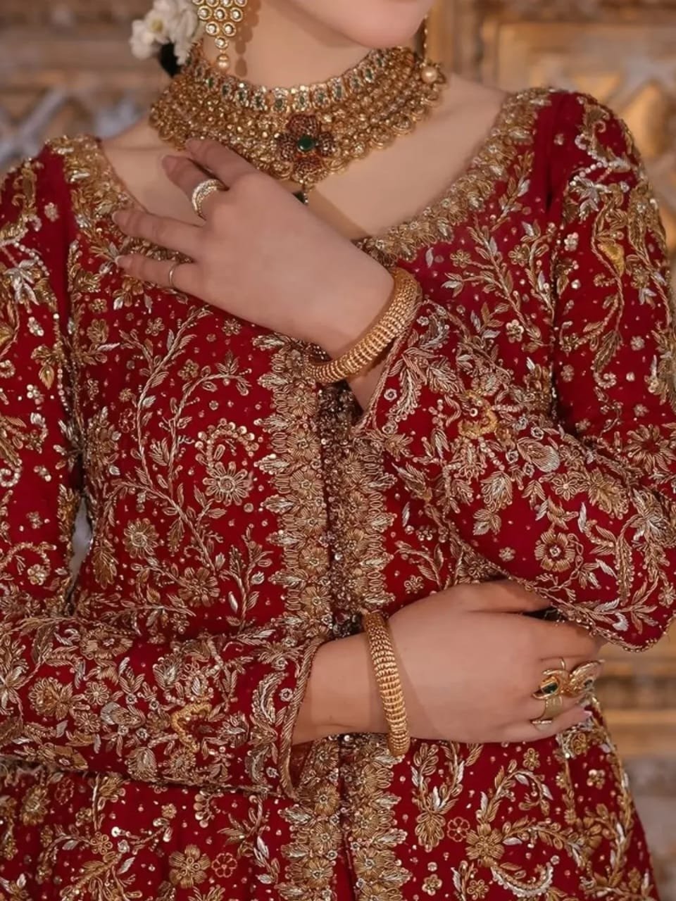 Red Center Open Maxi with Back-Tail Farshi Lehenga - Image 2